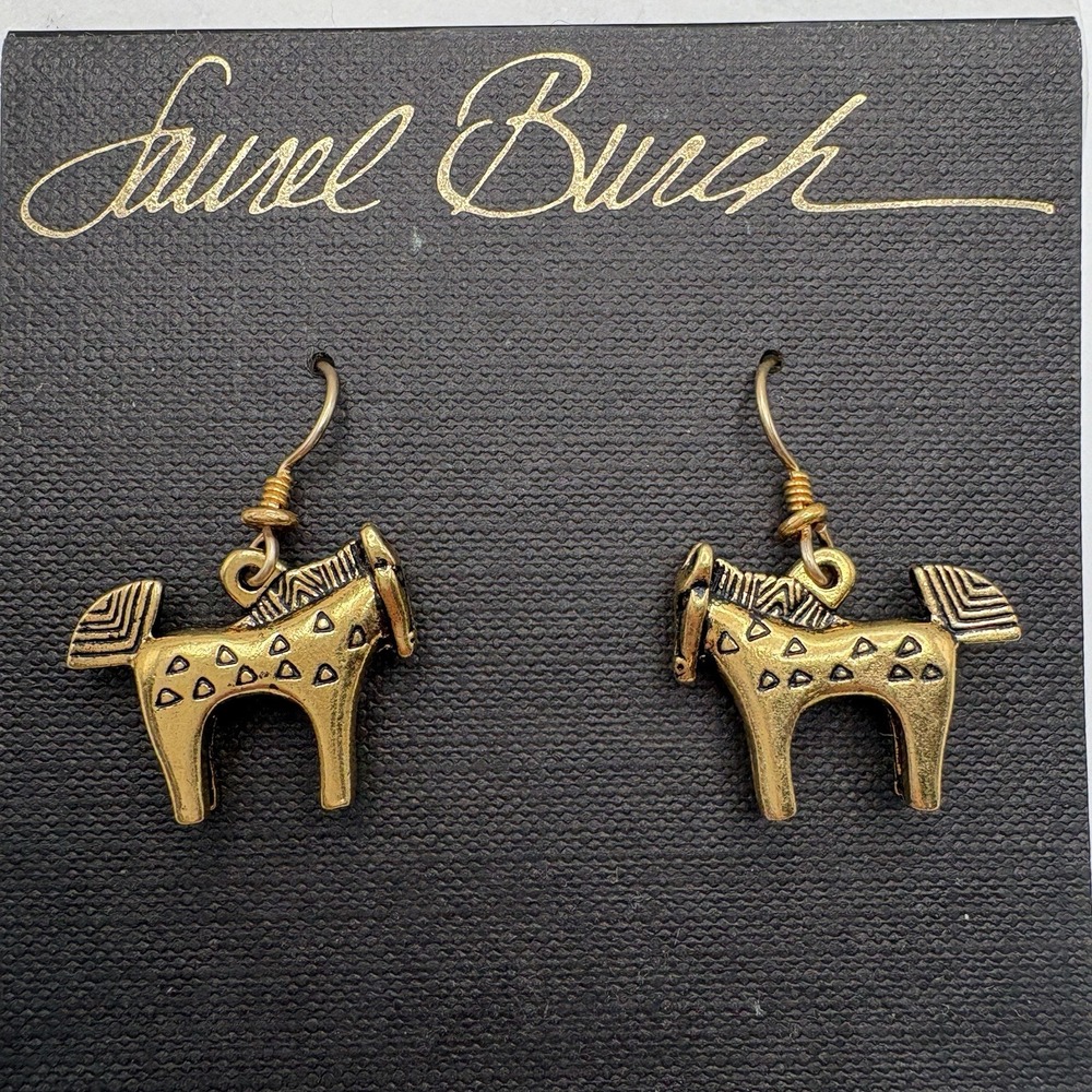 Vintage Laurel Burch Earrings Dimensional Horse Dangle Gold Tone Ancient Wisdom